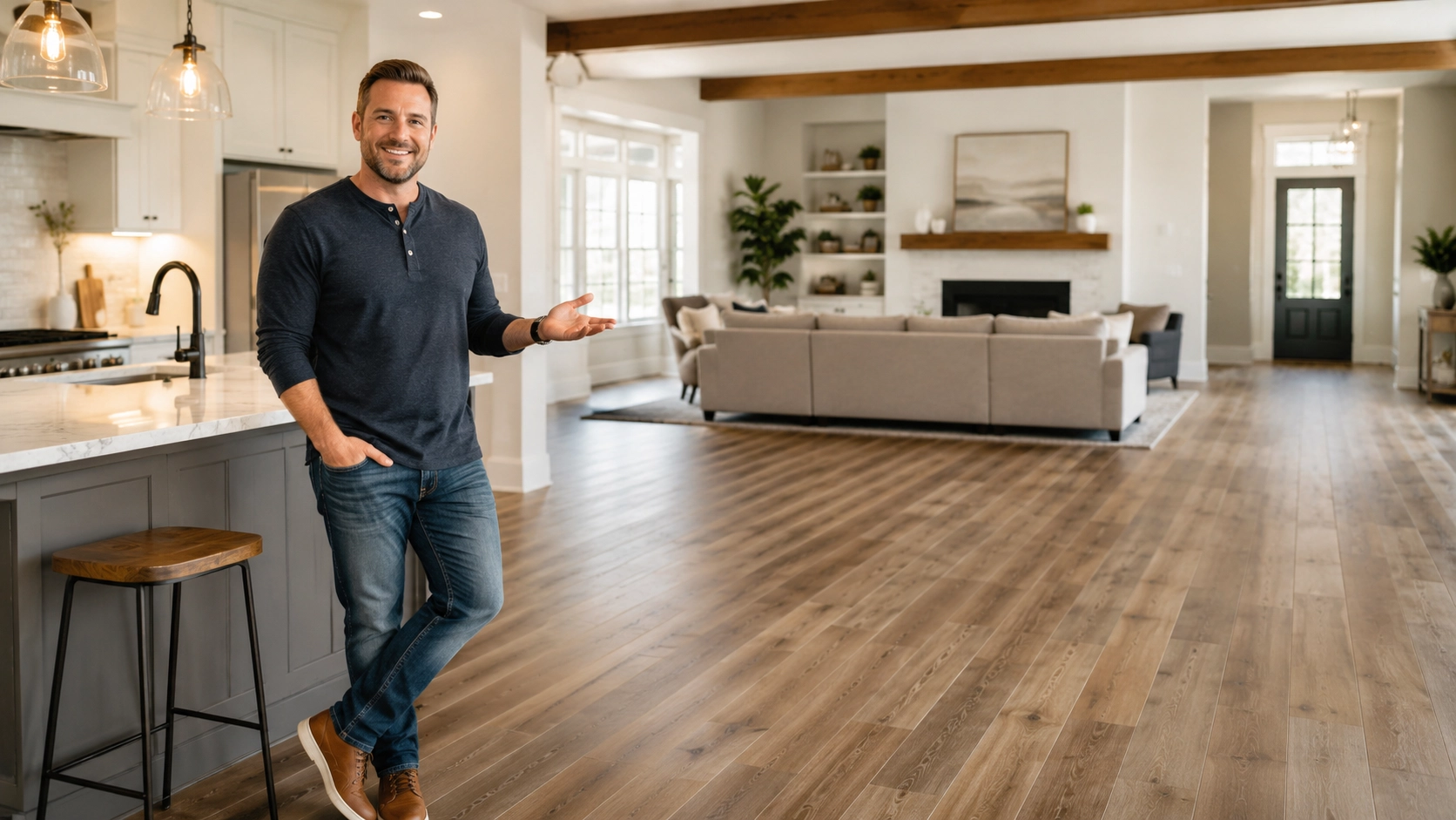 Man Showing his new floor in living room